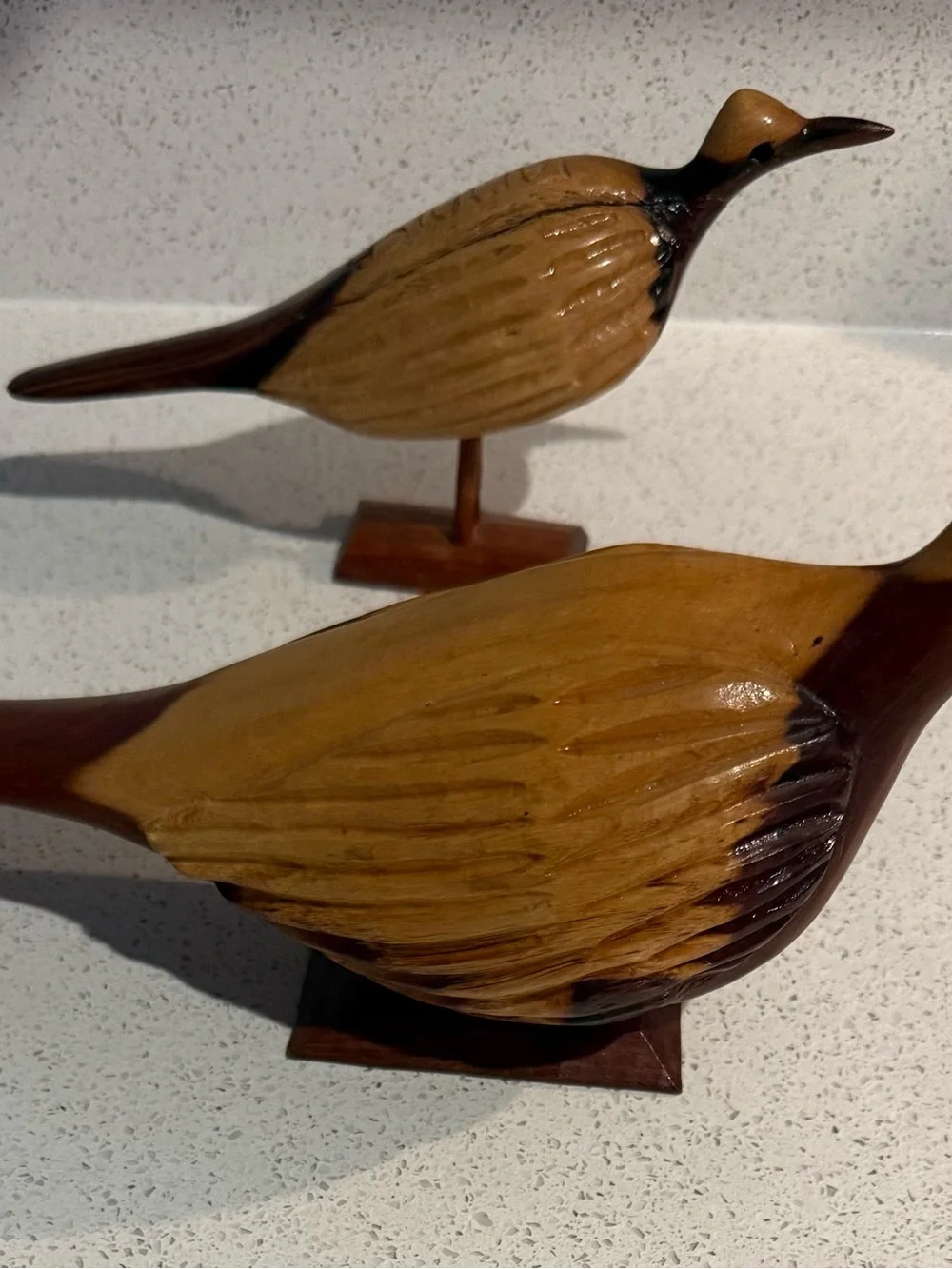 Vintage 2pcs Jamaican Hand Carved Wooden Bird Figurines on Matching Stands